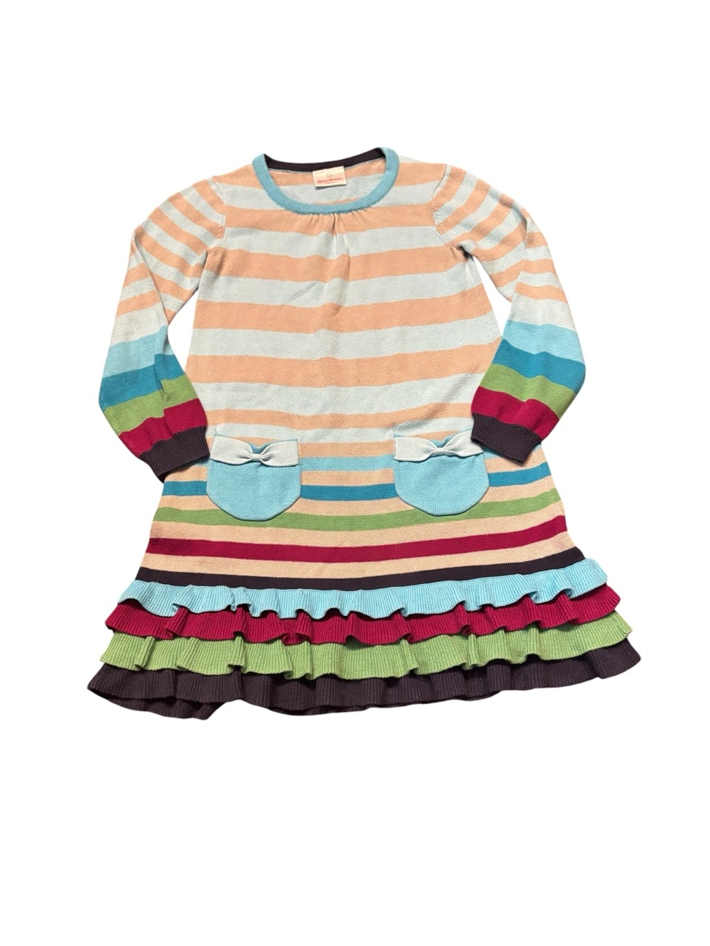 Hanna Andersson size 8, Girls' Multicolor Striped Knit Dress with Ruffle Hem